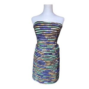 BCBG Watercolor Corseted Tube Minidress Mesh Inserts Size 4 100% Silk